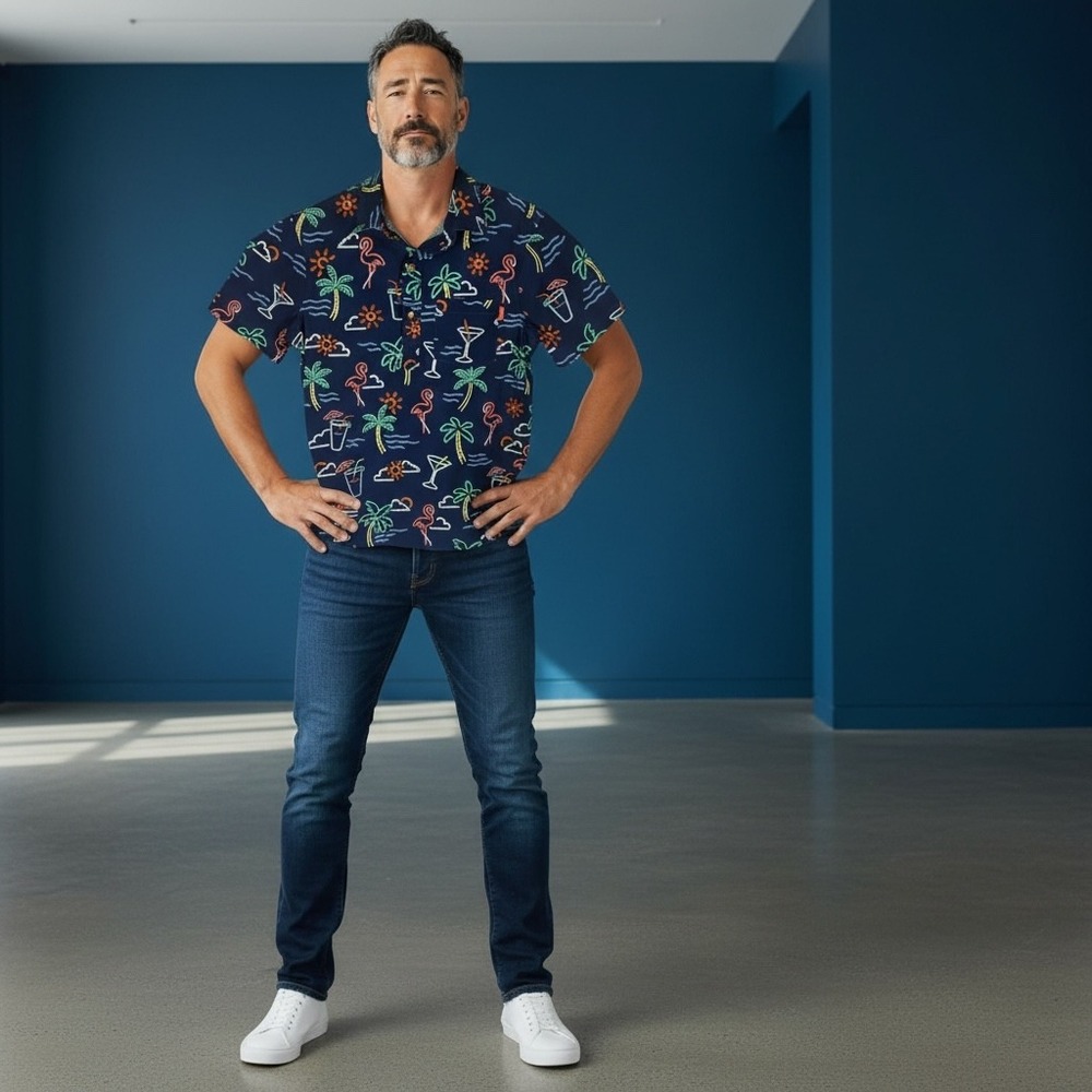 Chubbies Navy Flamingo Cocktail Palm Tree Neon Print SS Button Shirt Men's Small